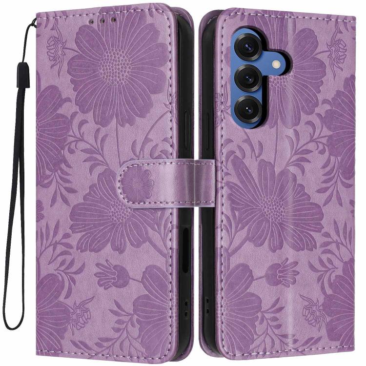For Samsung Galaxy S26 5G Sunflower Embossed Vegan Leather Phone Case with Small Black Rope(Purple)