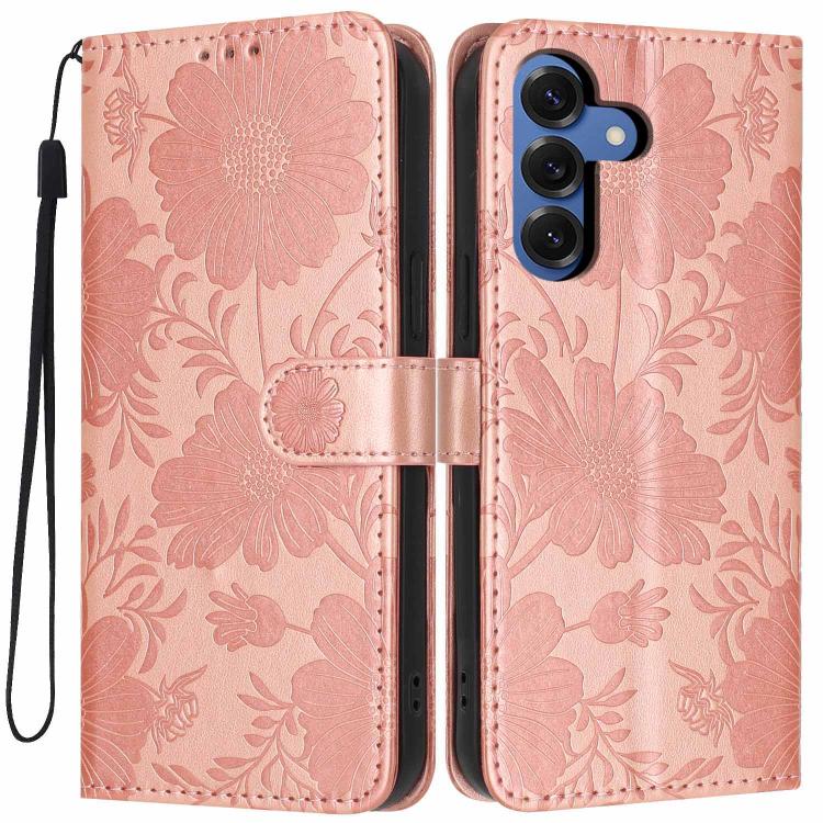 For Samsung Galaxy S26 5G Sunflower Embossed Vegan Leather Phone Case with Small Black Rope(Rose Gold)