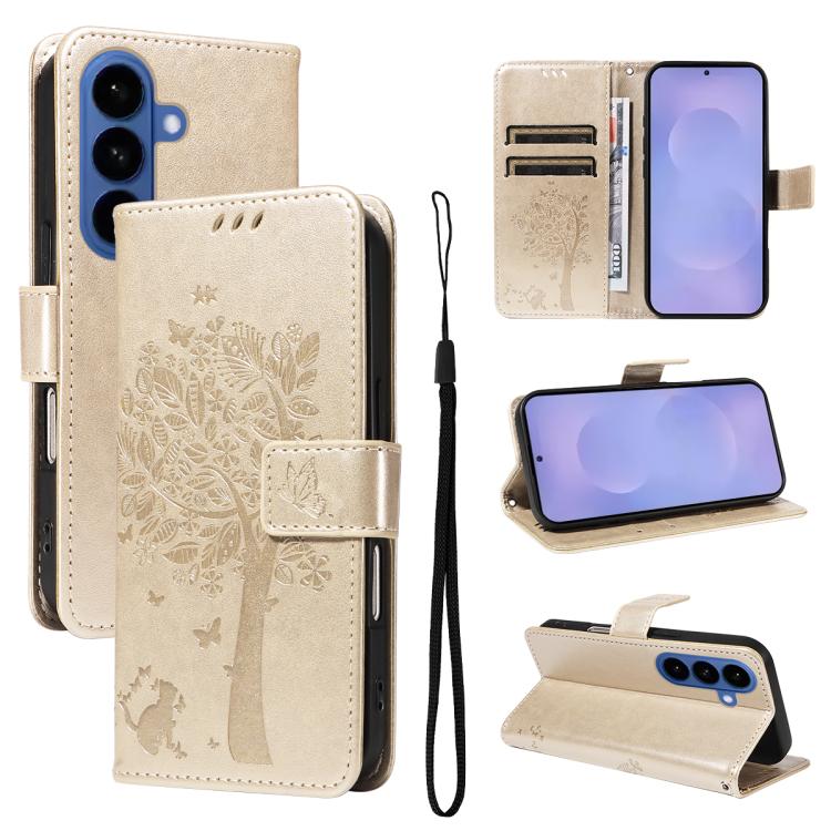 For Samsung Galaxy S26 5G Tree & Cat Embossed Pattern Flip Leather Phone Case(Gold)