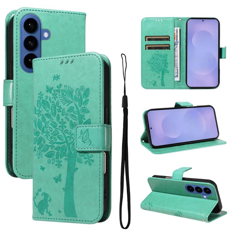 For Samsung Galaxy S26 5G Tree & Cat Embossed Pattern Flip Leather Phone Case(Green)
