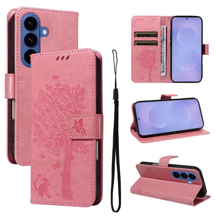For Samsung Galaxy S26 5G Tree & Cat Embossed Pattern Flip Leather Phone Case(Pink)