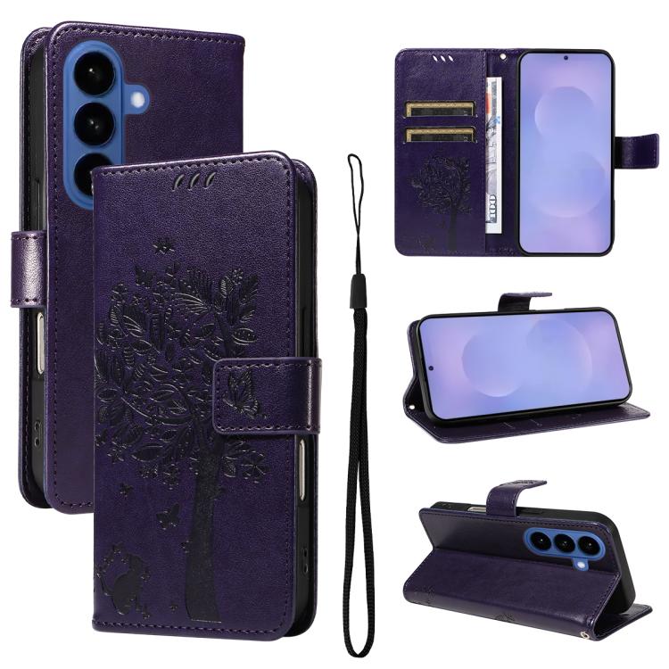 For Samsung Galaxy S26 5G Tree & Cat Embossed Pattern Flip Leather Phone Case(Purple)