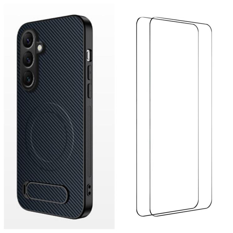 For Samsung Galaxy S26 5G WANLONFENG Kickstand Carbon Fiber Texture Magnetic Phone Case with 2pcs Screen Films(Sapphire Blue)