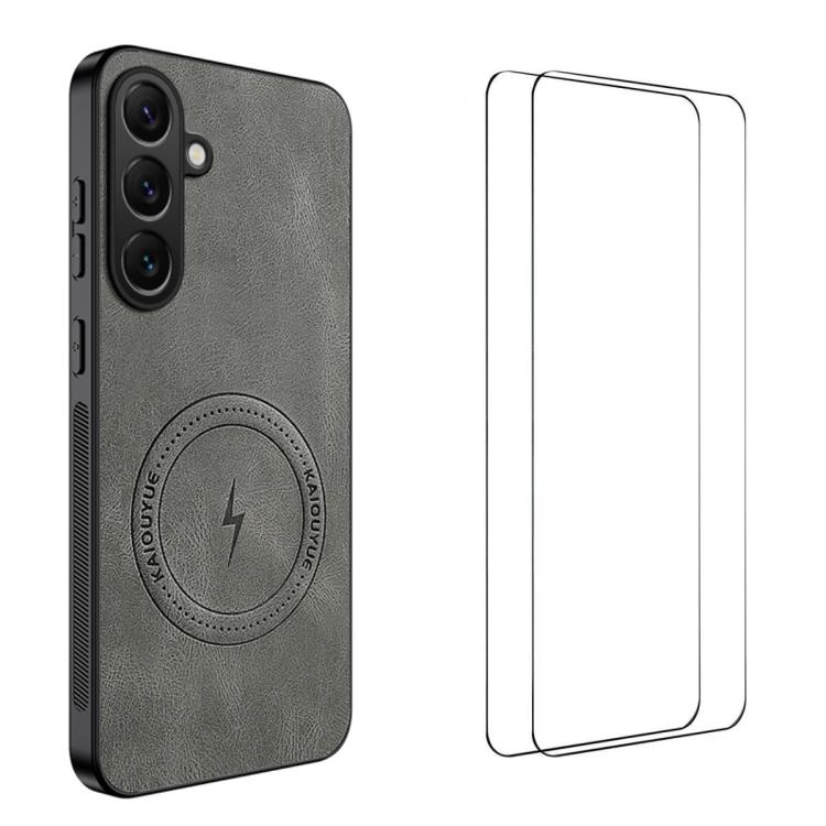 For Samsung Galaxy S26 5G WANLONFENG Nappa Texture Magnetic Phone Case with 2pcs Screen Films(Grey)