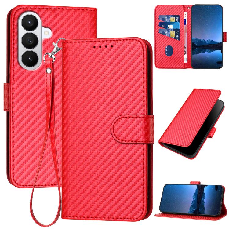 For Samsung Galaxy S26 5G YX0070 Carbon Fiber Buckle Leather Phone Case with Lanyard(Red)
