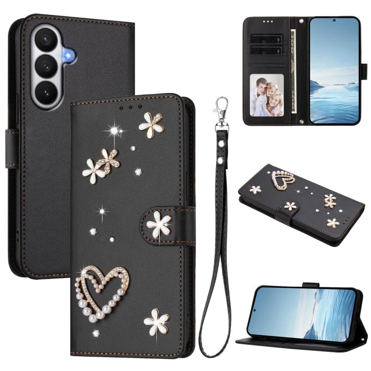 For Samsung Galaxy S26 5G ZS01 Double-Layer Heart Floral Vegan Leather Phone Case with Wrist Strap(Black)