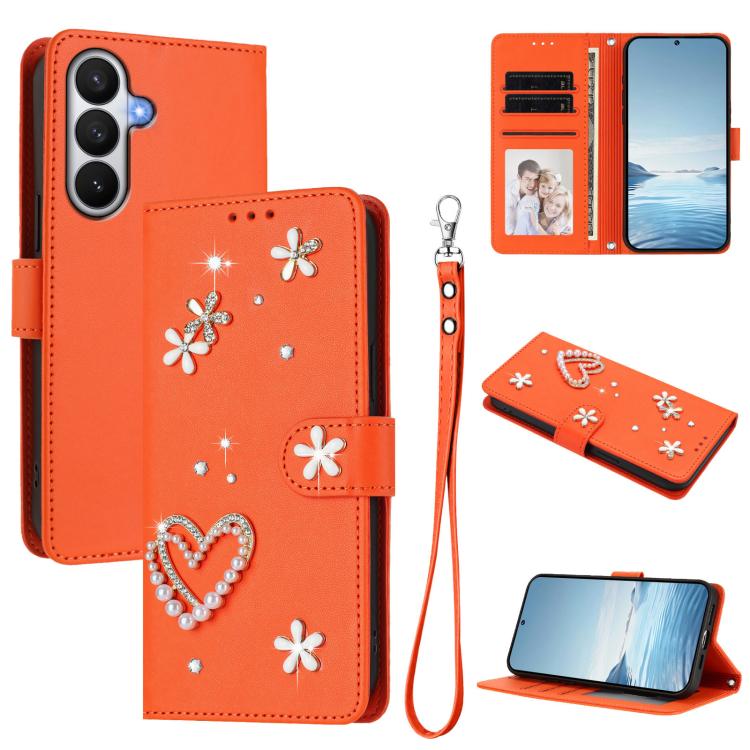 For Samsung Galaxy S26 5G ZS01 Double-Layer Heart Floral Vegan Leather Phone Case with Wrist Strap(Orange)