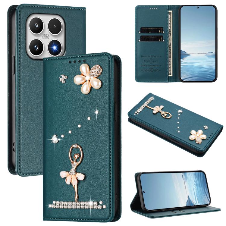 For Xiaomi 17 5G Ballet Girl Diamond Studded RFID Vegan Leather Phone Case(Peacock Green)