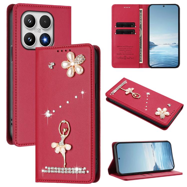 For Xiaomi 17 5G Ballet Girl Diamond Studded RFID Vegan Leather Phone Case(Wine Red)