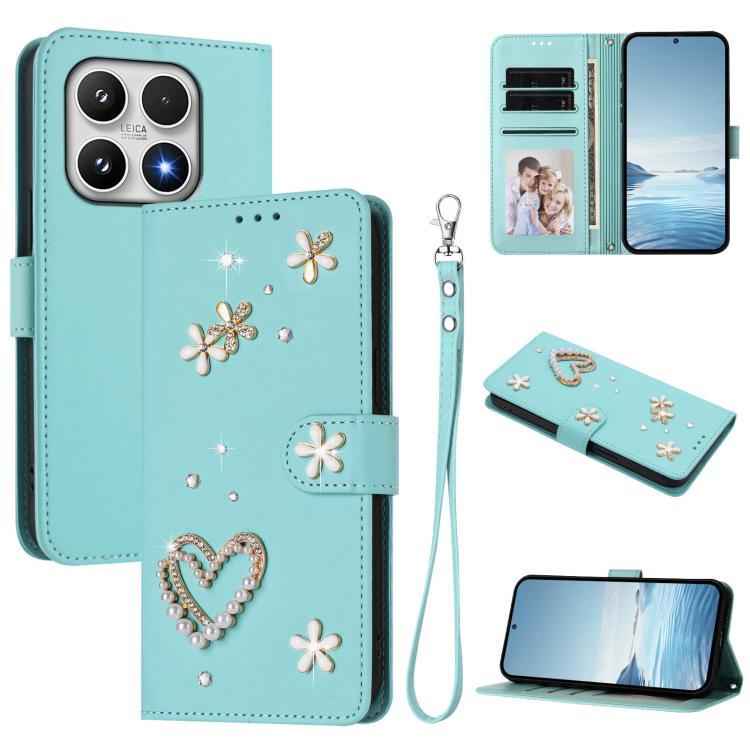 For Xiaomi 17 5G ZS01 Double-Layer Heart Floral Vegan Leather Phone Case with Wrist Strap(Mint Green)