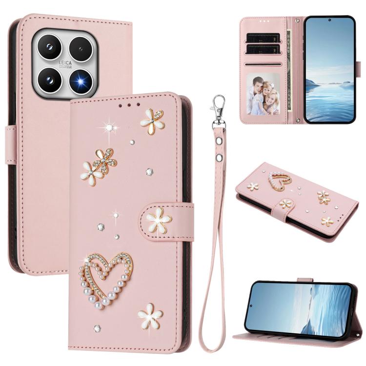 For Xiaomi 17 5G ZS01 Double-Layer Heart Floral Vegan Leather Phone Case with Wrist Strap(Pink)