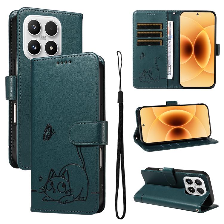 For Xiaomi 17 Adorable Cat Embossed Pattern Flip Leather Phone Case(Dark Green)