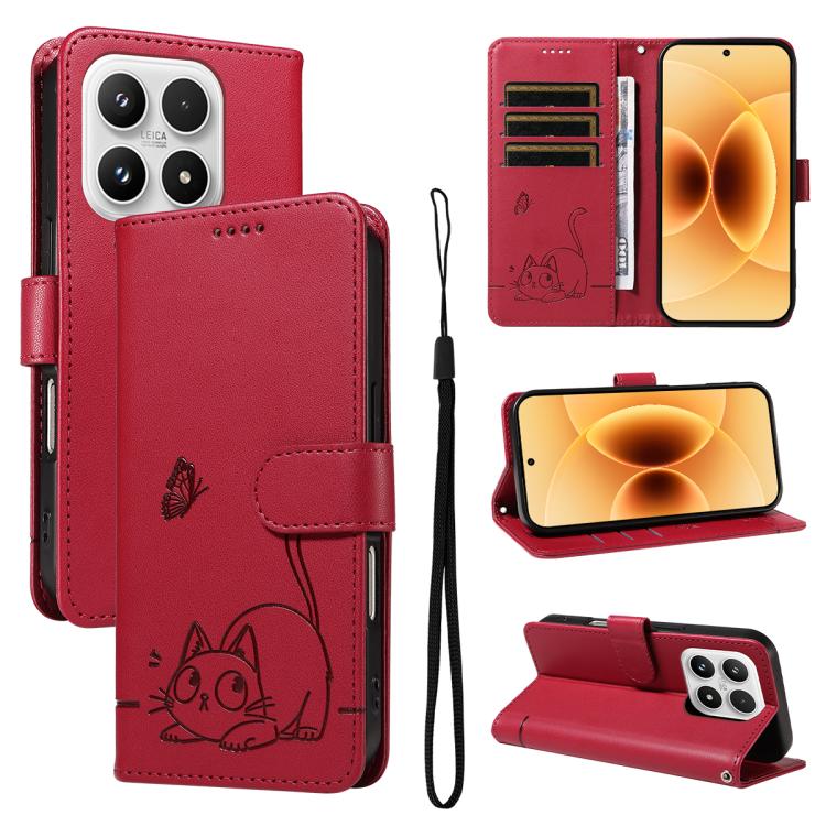 For Xiaomi 17 Adorable Cat Embossed Pattern Flip Leather Phone Case(Red)