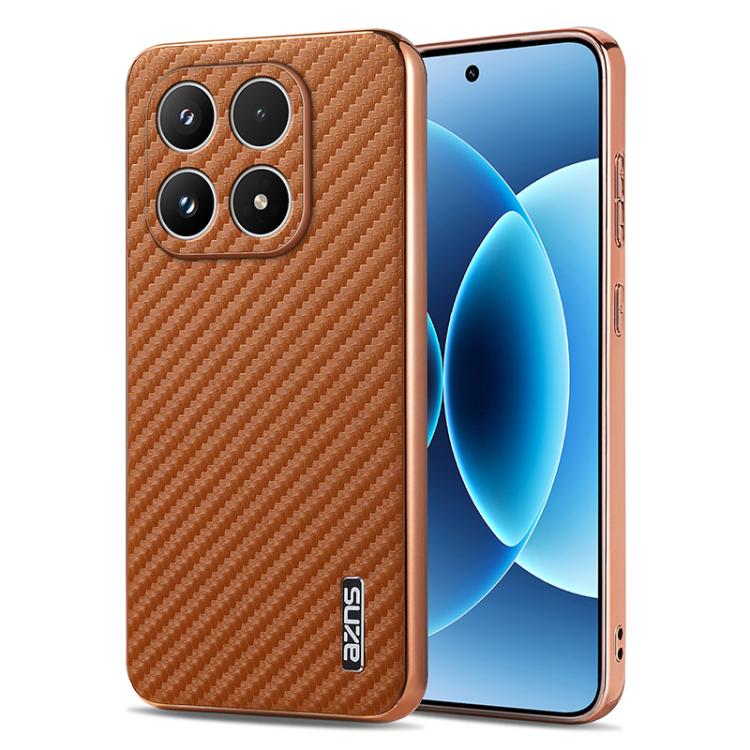 For Xiaomi 17 AZNS Electroplated Edge Carbon Fiber Texture Phone Case(Brown)