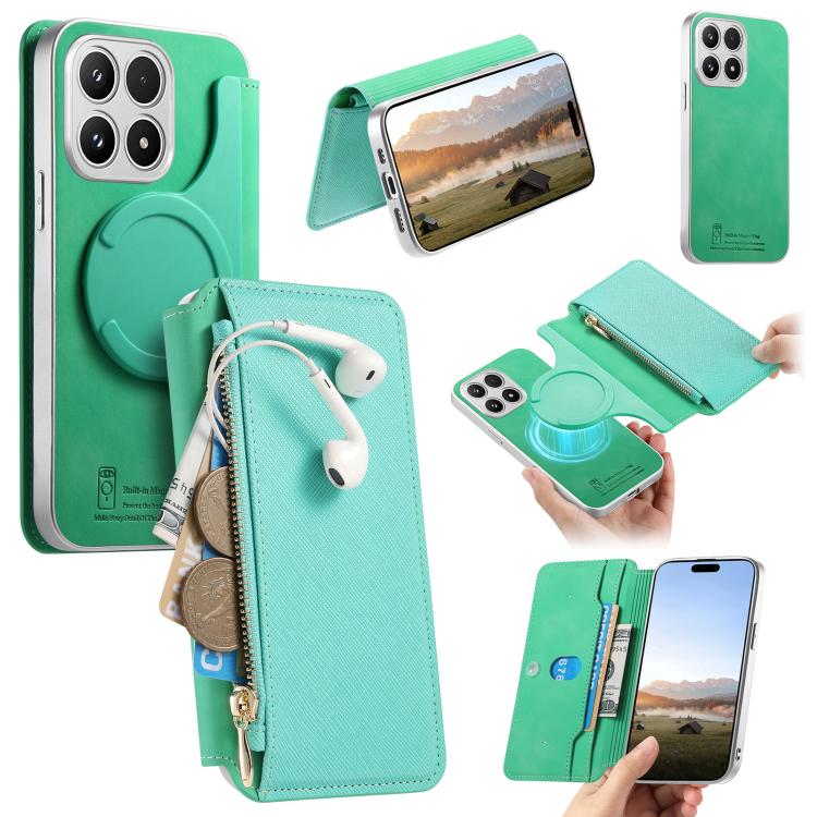 For Xiaomi 17 CaseNeo Precision Hole Silver-Edged Magnetic Zipper Wallet Cross-Grain Vegan Leather Phone Case(Green)