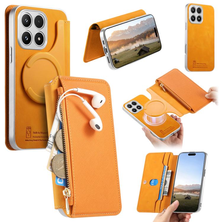 For Xiaomi 17 CaseNeo Precision Hole Silver-Edged Magnetic Zipper Wallet Cross-Grain Vegan Leather Phone Case(Orange)