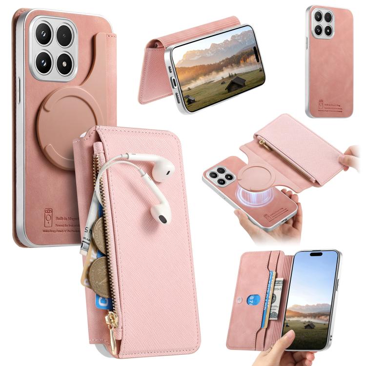 For Xiaomi 17 CaseNeo Precision Hole Silver-Edged Magnetic Zipper Wallet Cross-Grain Vegan Leather Phone Case(Pink)