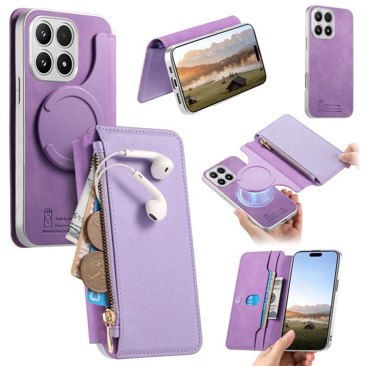 For Xiaomi 17 CaseNeo Precision Hole Silver-Edged Magnetic Zipper Wallet Cross-Grain Vegan Leather Phone Case(Purple)