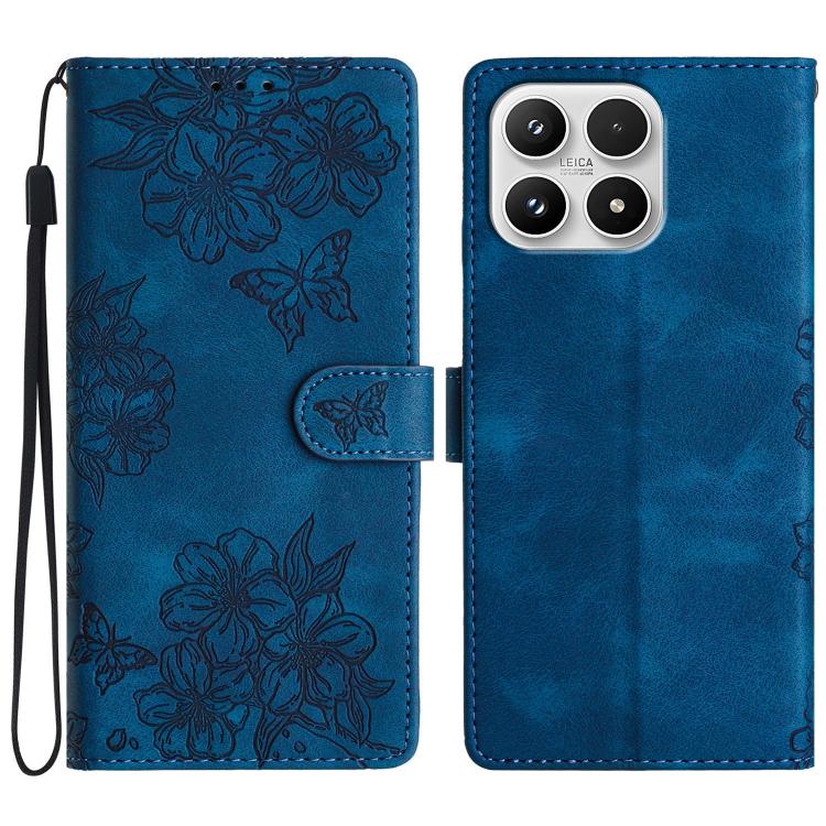 For Xiaomi 17 Cherry Blossom Butterfly Skin Feel Embossed PU Phone Case(Blue)