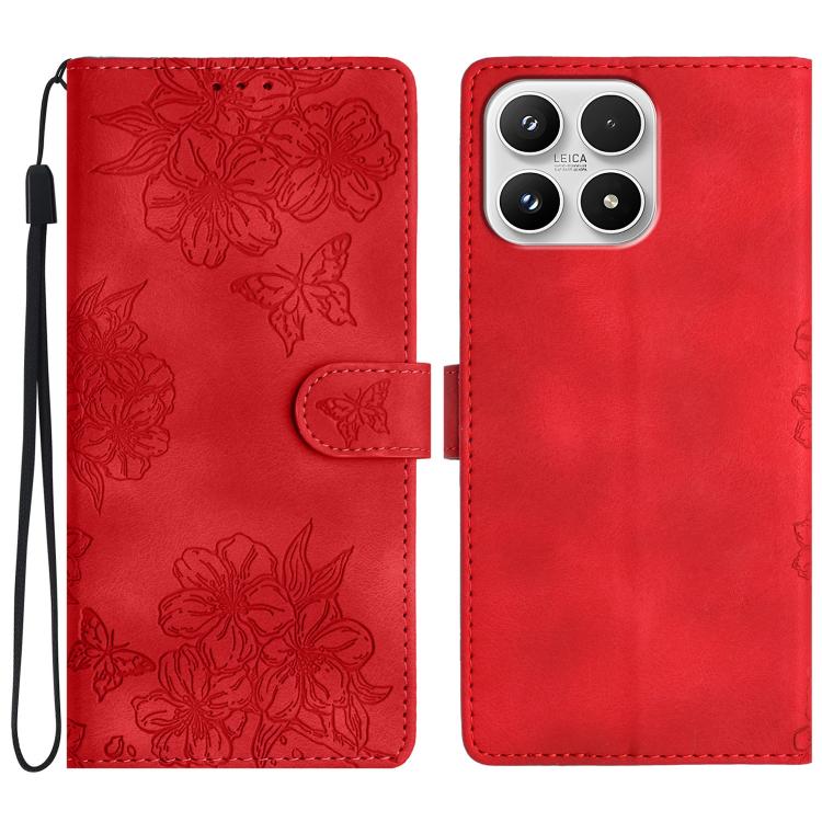 For Xiaomi 17 Cherry Blossom Butterfly Skin Feel Embossed PU Phone Case(Red)