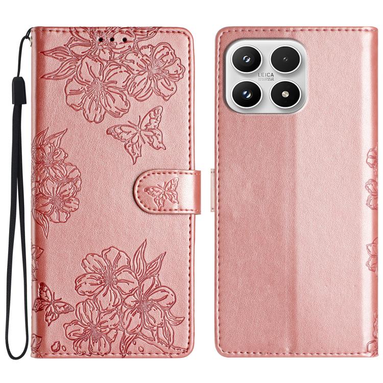 For Xiaomi 17 Cherry Blossom Butterfly Skin Feel Embossed PU Phone Case(Rose Gold)
