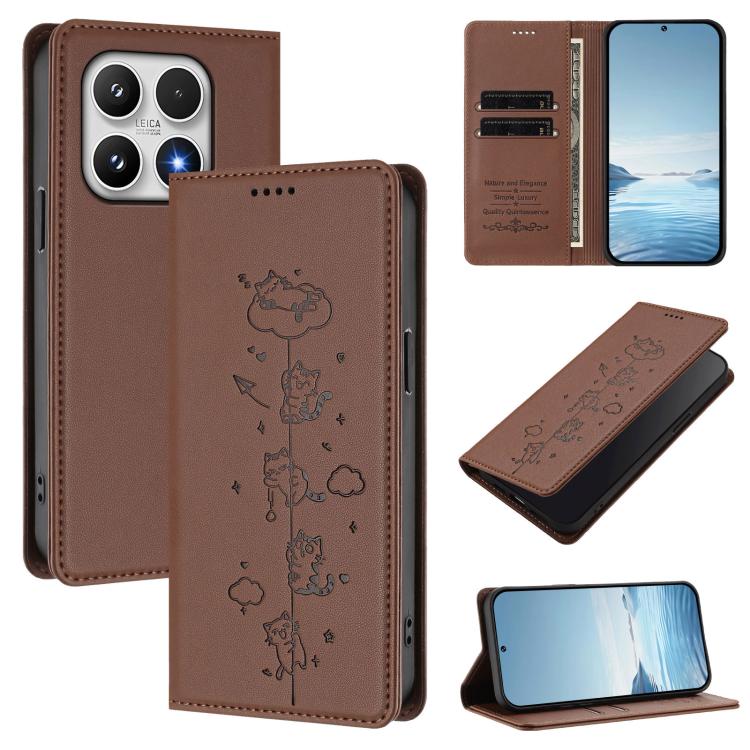 For Xiaomi 17 Cute Cats Embossed Magnetic RFID Vegan Leather Phone Case(Brown)