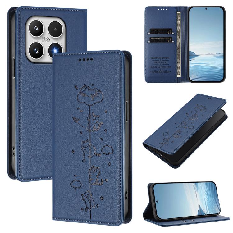 For Xiaomi 17 Cute Cats Embossed Magnetic RFID Vegan Leather Phone Case(Dark Blue)