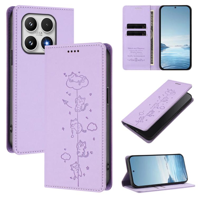 For Xiaomi 17 Cute Cats Embossed Magnetic RFID Vegan Leather Phone Case(Light Purple)