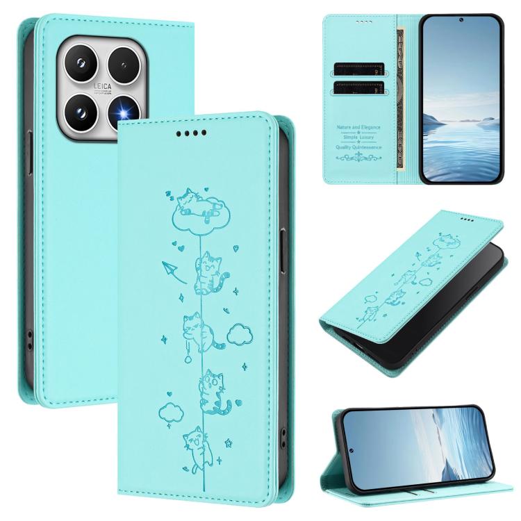 For Xiaomi 17 Cute Cats Embossed Magnetic RFID Vegan Leather Phone Case(Mint Green)