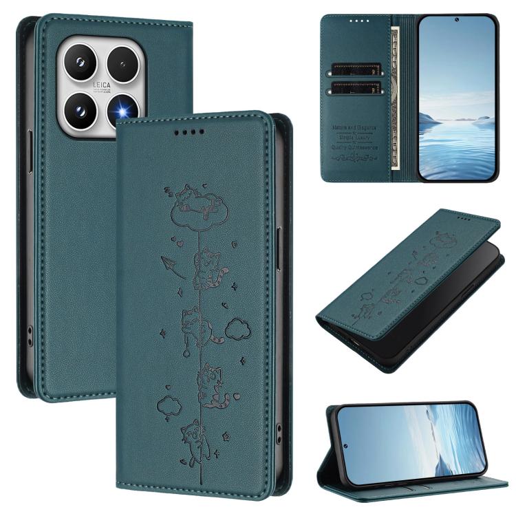 For Xiaomi 17 Cute Cats Embossed Magnetic RFID Vegan Leather Phone Case(Peacock Green)