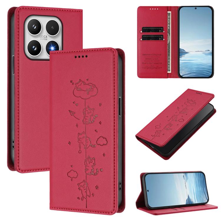 For Xiaomi 17 Cute Cats Embossed Magnetic RFID Vegan Leather Phone Case(Red)