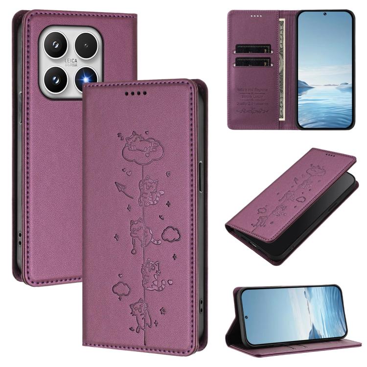 For Xiaomi 17 Cute Cats Embossed Magnetic RFID Vegan Leather Phone Case(Violet Purple)