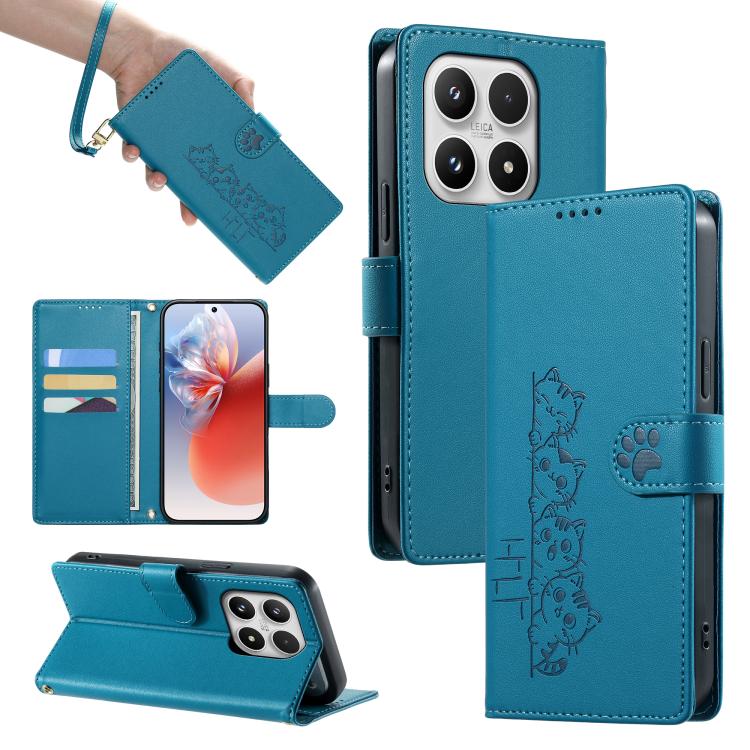 For Xiaomi 17 Cute Cats Magnetic Closure Vegan Leather Phone Case with Strap(Blue)
