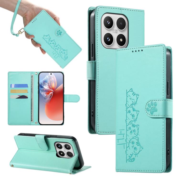 For Xiaomi 17 Cute Cats Magnetic Closure Vegan Leather Phone Case with Strap(Green)