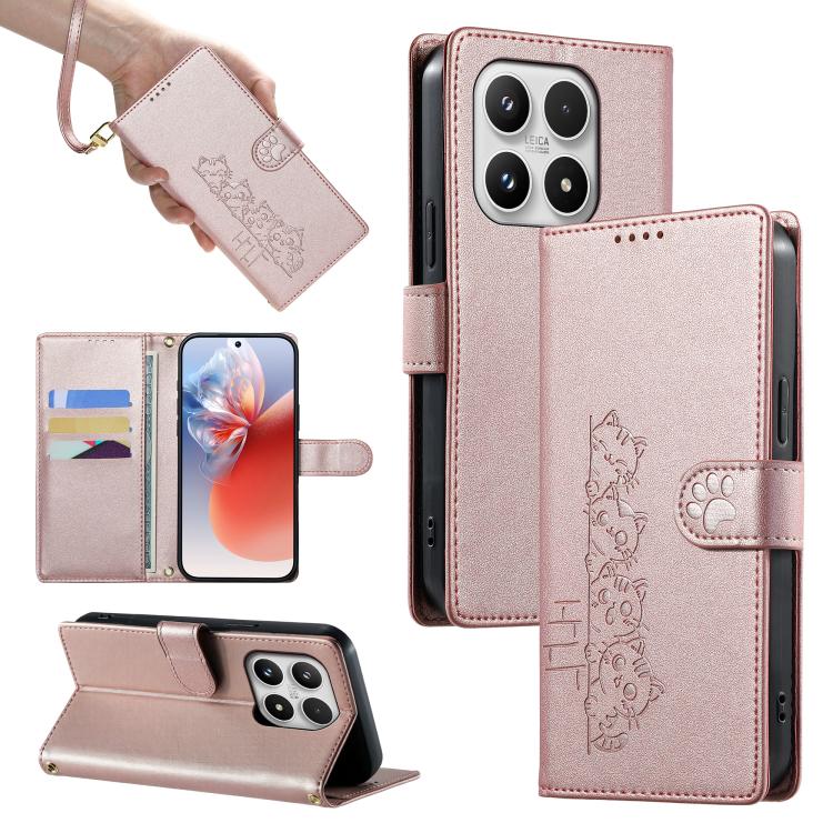 For Xiaomi 17 Cute Cats Magnetic Closure Vegan Leather Phone Case with Strap(Rose Gold)