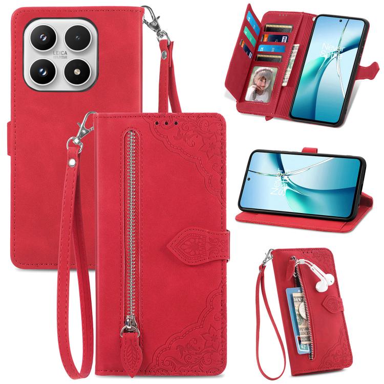 For Xiaomi 17 Embossed Flower Zipper Leather Phone Case(Red)