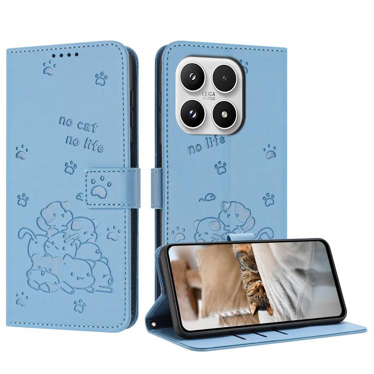 For Xiaomi 17 Embossed Kitten Phone Leather Case with Lanyard(Blue)