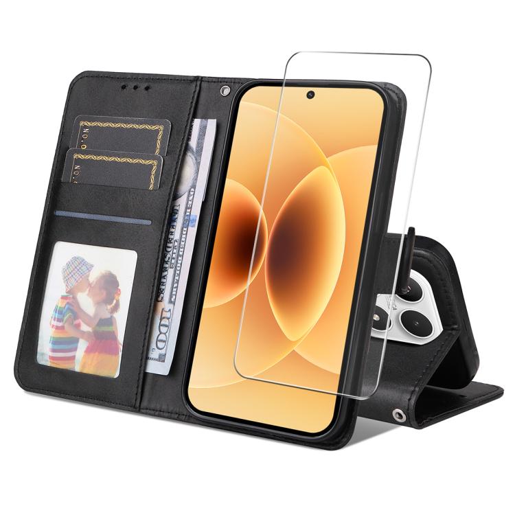 For Xiaomi 17 ENKAY Card Wallet Calf Texture Leather Phone Case with 0.18mm High Aluminum-silicon Glass Film(Black)
