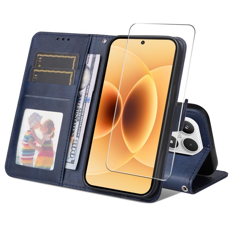 For Xiaomi 17 ENKAY Card Wallet Calf Texture Leather Phone Case with 0.18mm High Aluminum-silicon Glass Film(Blue)