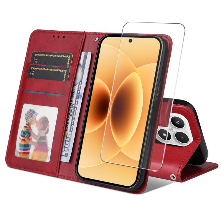 For Xiaomi 17 ENKAY Card Wallet Calf Texture Leather Phone Case with 0.18mm High Aluminum-silicon Glass Film(Red)
