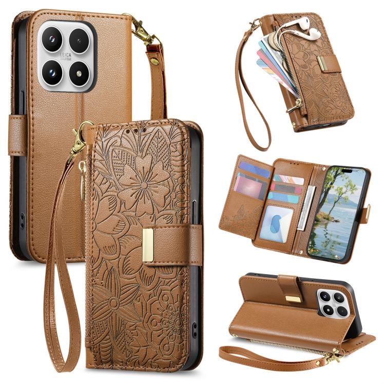 For Xiaomi 17 Flowers Leaves Zipper Wallet Leather Phone Case with Strap(Brown)