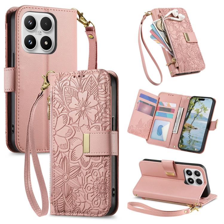 For Xiaomi 17 Flowers Leaves Zipper Wallet Leather Phone Case with Strap(Pink)