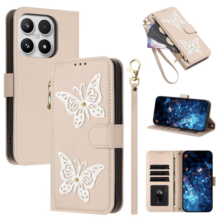 For Xiaomi 17 Glitter Butterfly Zipper Vegan Leather Phone Case with Wrist Strap(Apricot)