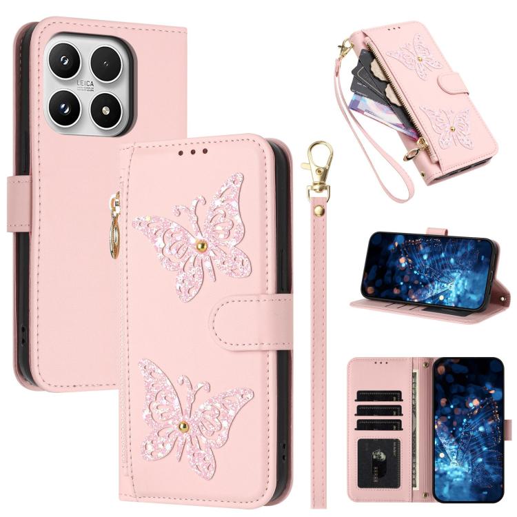 For Xiaomi 17 Glitter Butterfly Zipper Vegan Leather Phone Case with Wrist Strap(Pink)