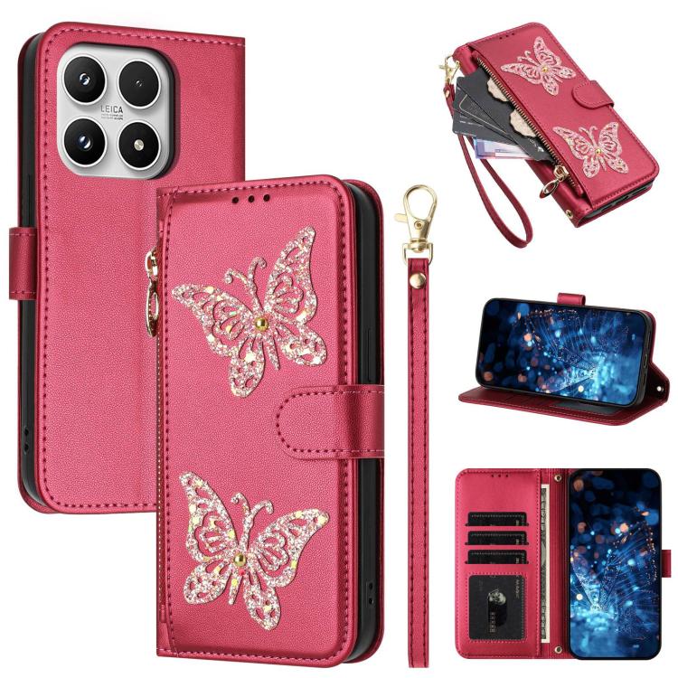For Xiaomi 17 Glitter Butterfly Zipper Vegan Leather Phone Case with Wrist Strap(Rose Red)