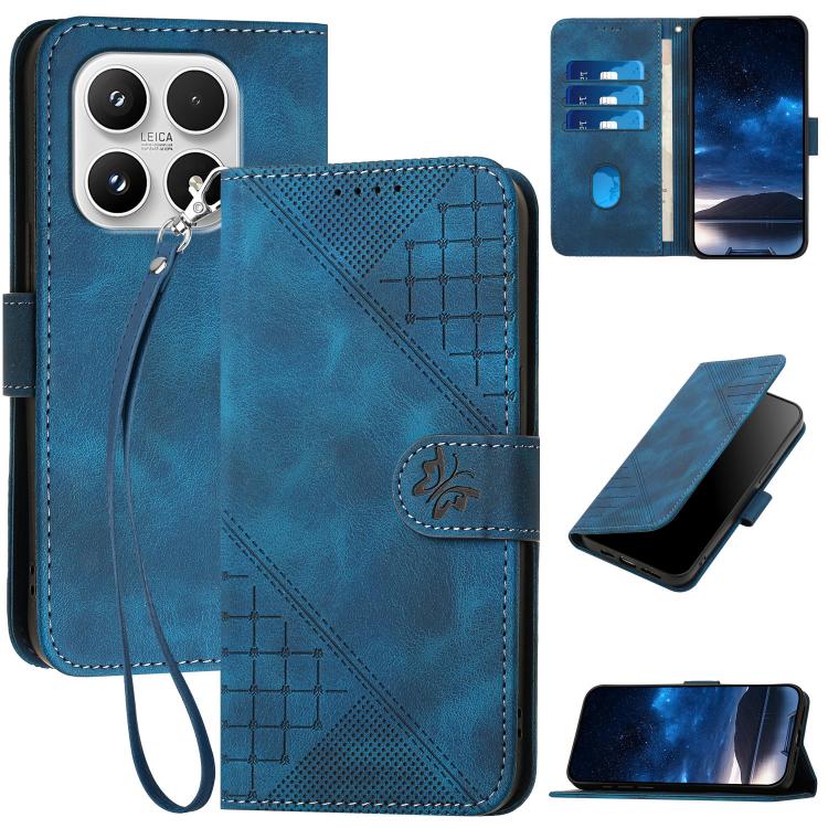 For Xiaomi 17 Grid Butterfly Embossed Pattern Leather Phone Case with Lanyard(Dark Blue)