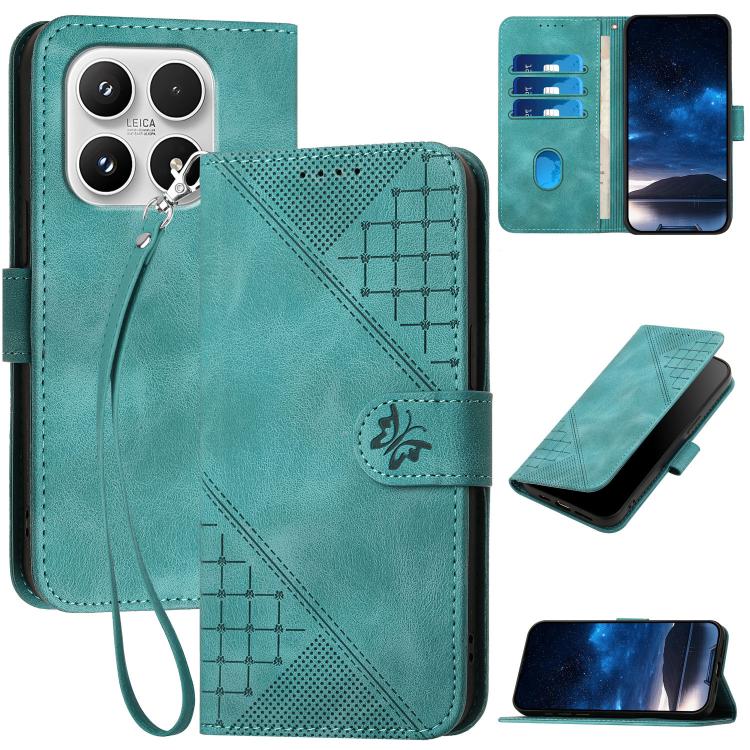 For Xiaomi 17 Grid Butterfly Embossed Pattern Leather Phone Case with Lanyard(Light Blue)