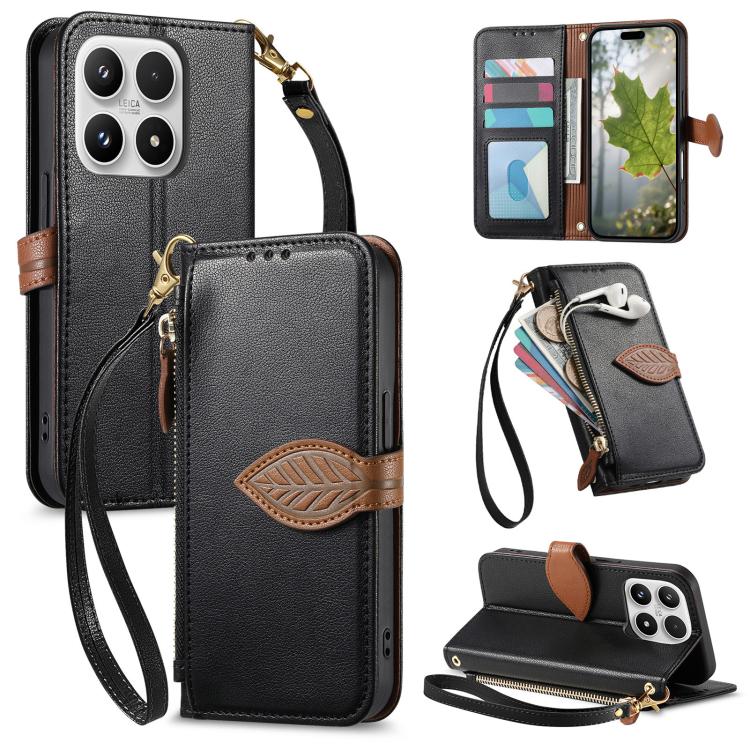 For Xiaomi 17 Leaf Buckle Zipper Wallet Leather Phone Case with Strap(Black)