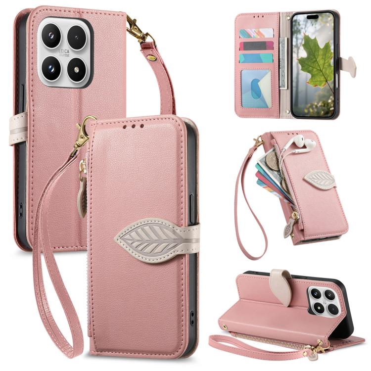 For Xiaomi 17 Leaf Buckle Zipper Wallet Leather Phone Case with Strap(Pink)