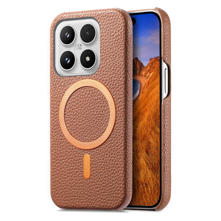 For Xiaomi 17 Litchi Texture Brushed MagSafe PU Back Cover Phone Case(Brown)